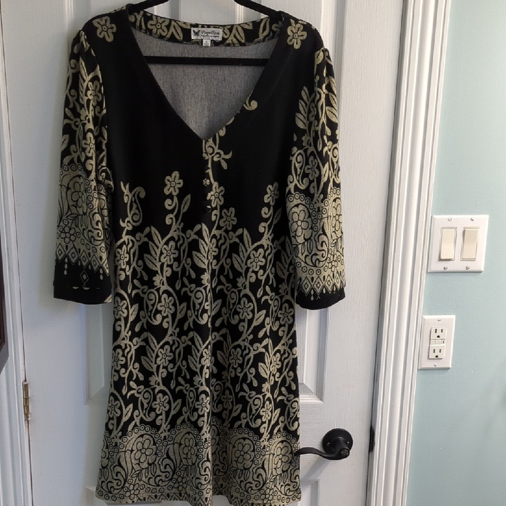 Papillion Black And Cream Floral Pattern Dress Sz XL